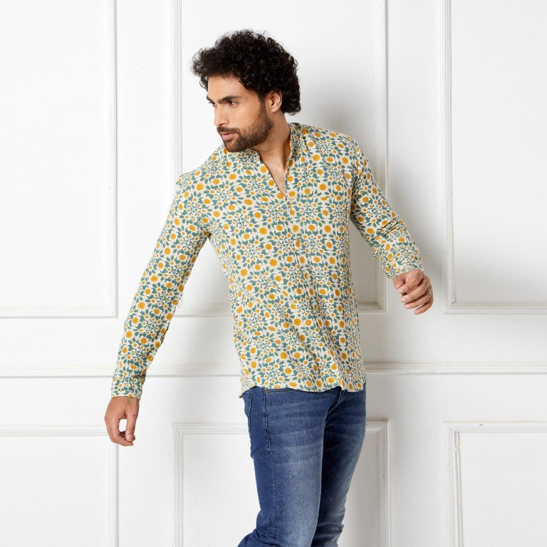 Naksha Teal Yellow Linen Hand Block Printed Full Sleeve Shirt